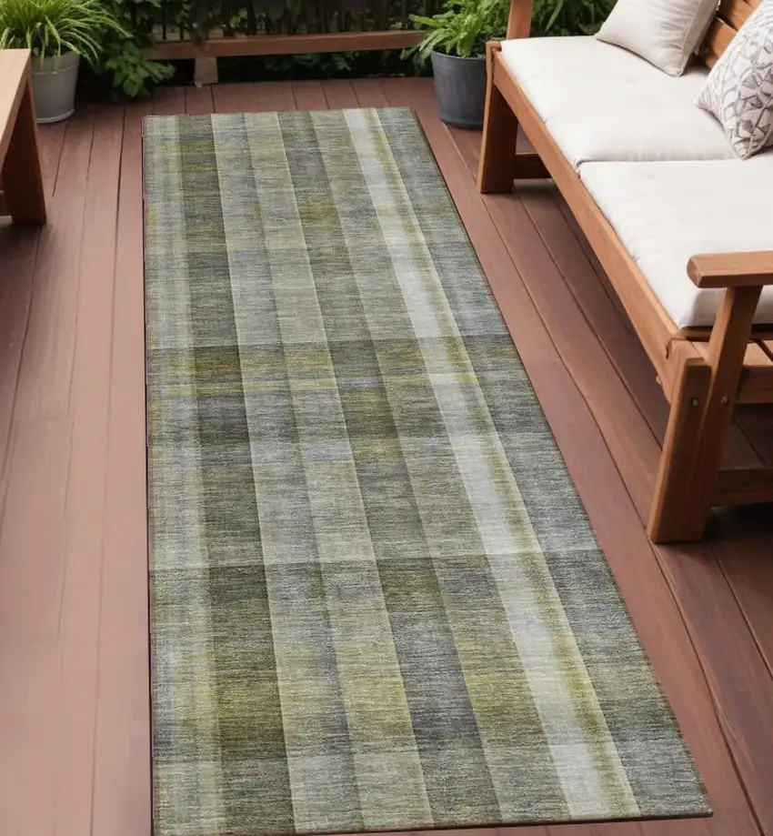 Gray Plaid Washable Non Skid Indoor Outdoor Runner Rug Photo 1