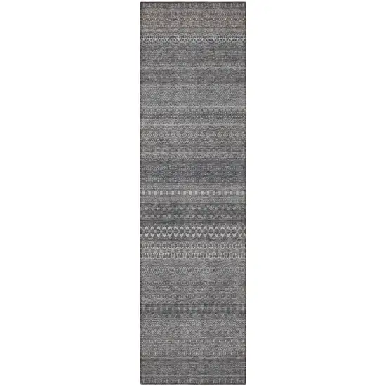 Gray Striped Washable Indoor Outdoor Runner Rug Photo 5