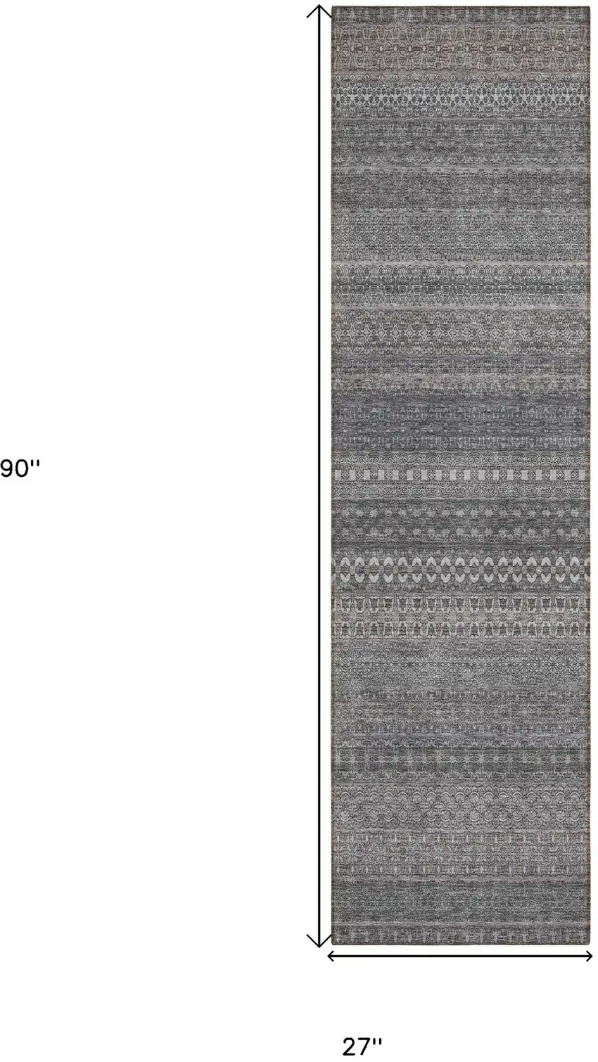 Gray Striped Washable Indoor Outdoor Runner Rug Photo 3