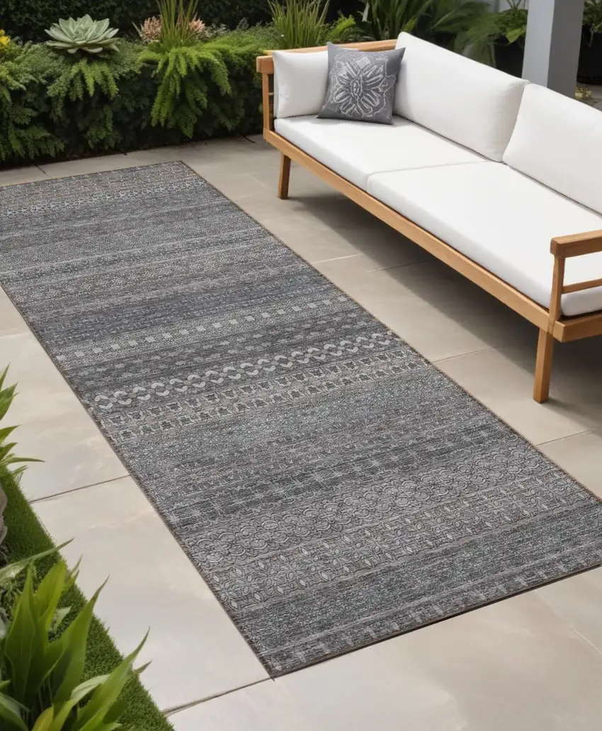 Gray Striped Washable Indoor Outdoor Runner Rug Photo 1