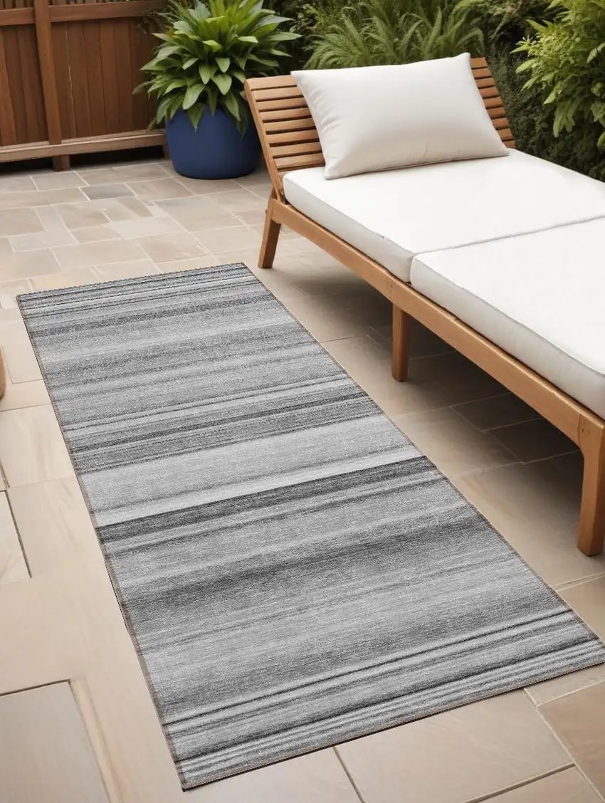 8' Runner Gray Striped Washable Non Skid Indoor Outdoor Runner Rug Photo 1