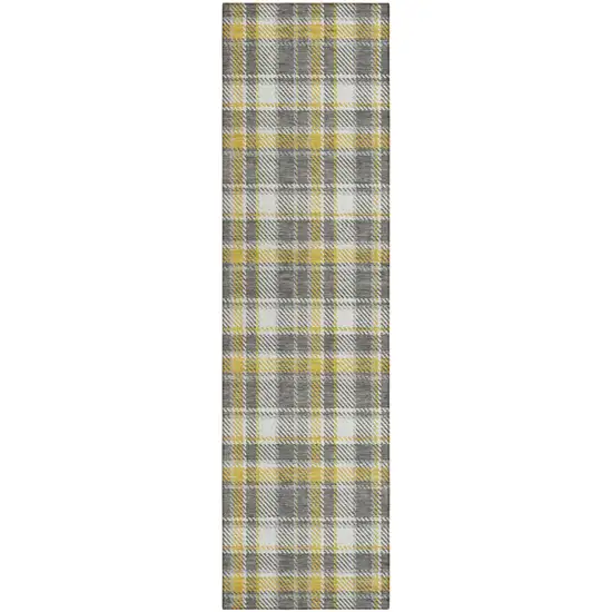 8' Runner Gray Yellow and White Plaid Washable Non Skid Indoor Outdoor Runner Rug Photo 2