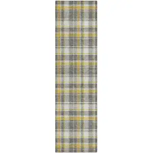 Photo of 8' Runner Gray Yellow and White Plaid Washable Non Skid Indoor Outdoor Runner Rug