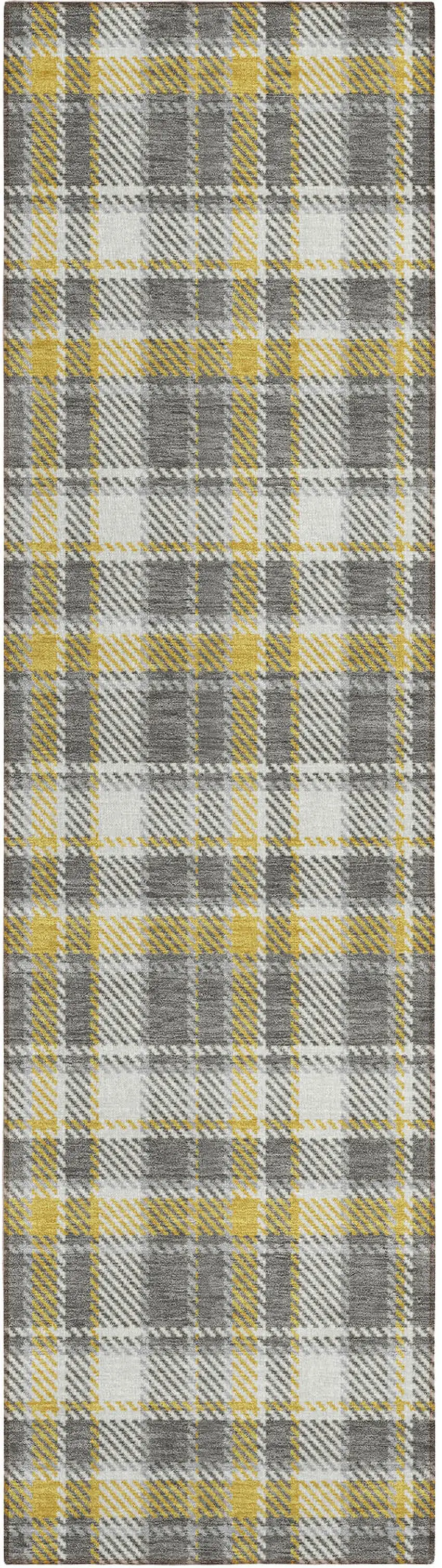 8' Runner Gray Yellow and White Plaid Washable Non Skid Indoor Outdoor Runner Rug Photo 2