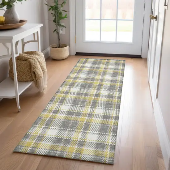 Gray Yellow and White Plaid Washable Non Skid Indoor Outdoor Runner Rug Photo 9
