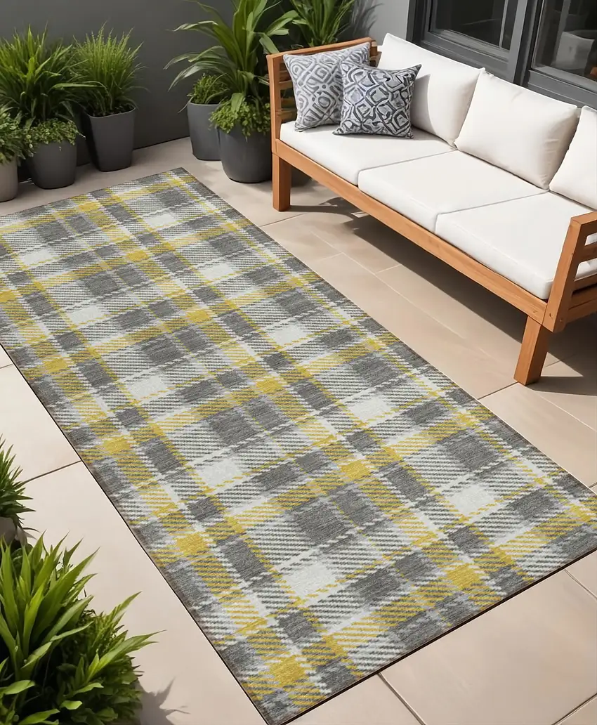 Gray Yellow and White Plaid Washable Non Skid Indoor Outdoor Runner Rug Photo 1