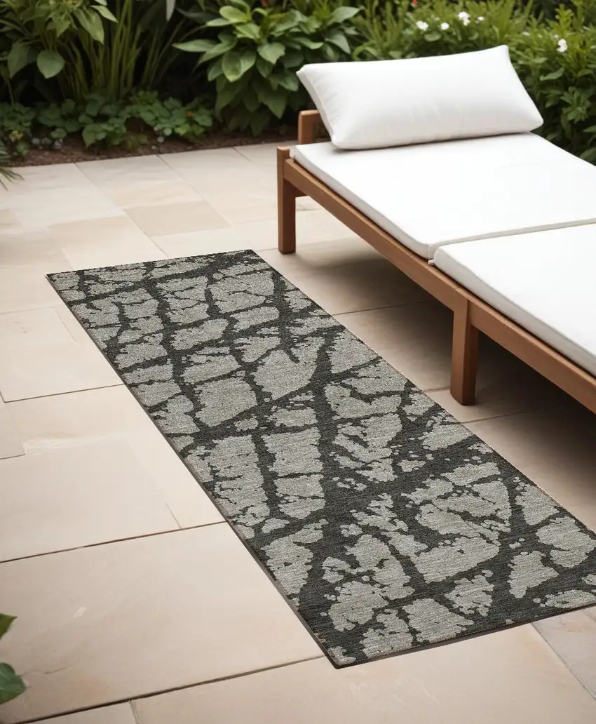 8' Runner Gray and Black Abstract Washable Non Skid Indoor Outdoor Runner Rug Photo 1