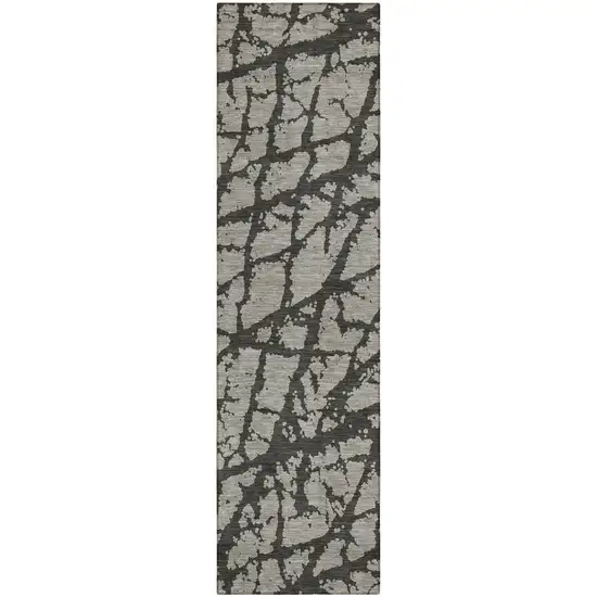 Gray and Black Abstract Washable Non Skid Indoor Outdoor Runner Rug Photo 2