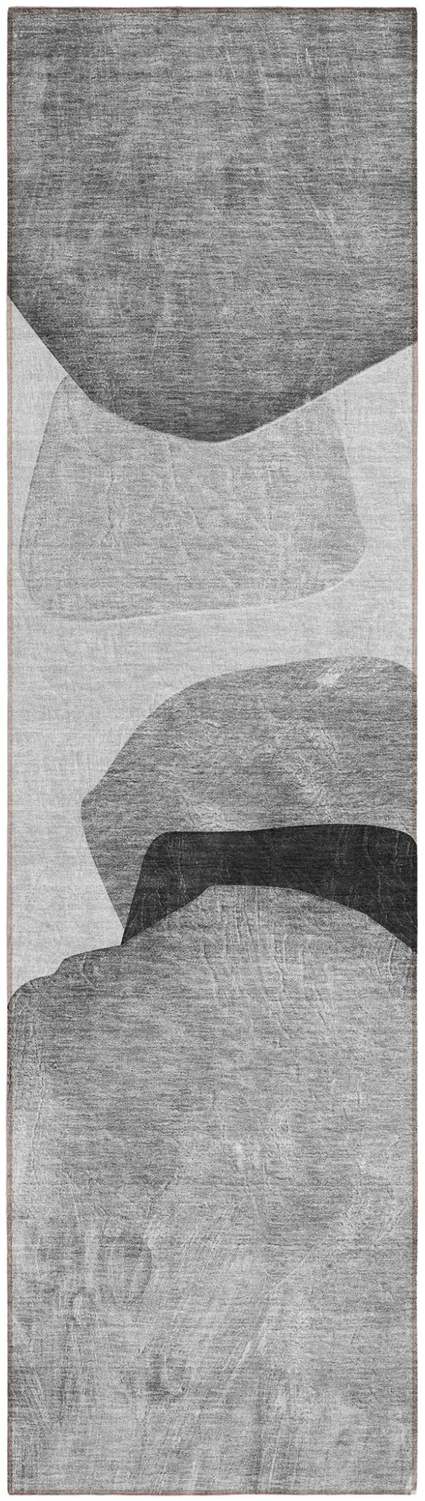 Gray and Black Abstract Washable Non Skid Indoor Outdoor Runner Rug Photo 2