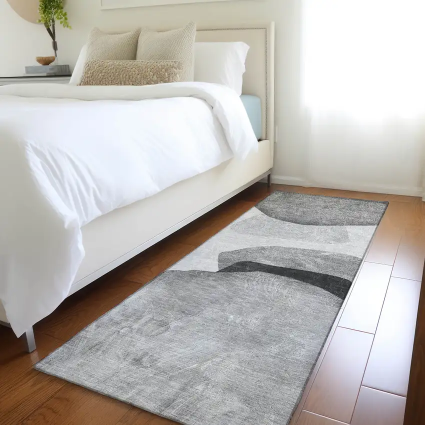 Gray and Black Abstract Washable Non Skid Indoor Outdoor Runner Rug Photo 9