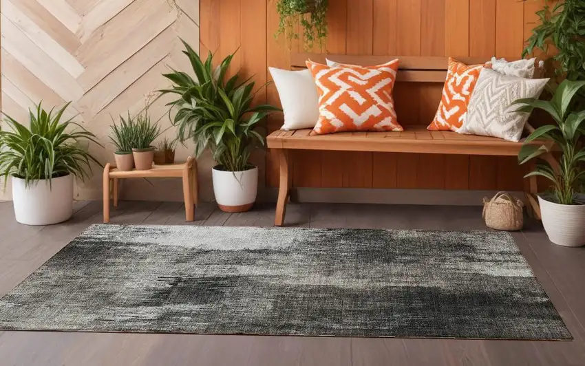 8' Runner Gray and Black Abstract Washable Non Skid Indoor Outdoor Runner Rug Photo 1