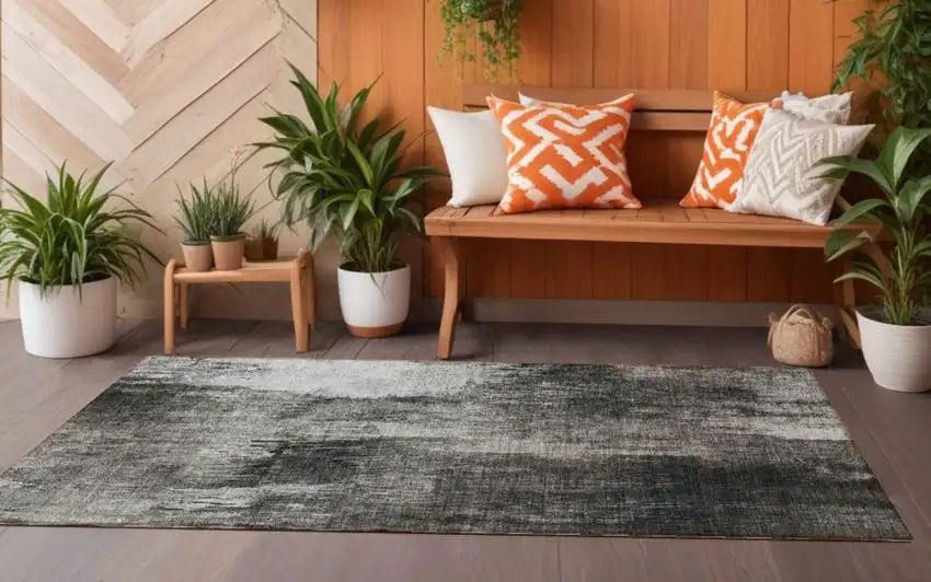 Gray and Black Abstract Washable Non Skid Indoor Outdoor Runner Rug Photo 1