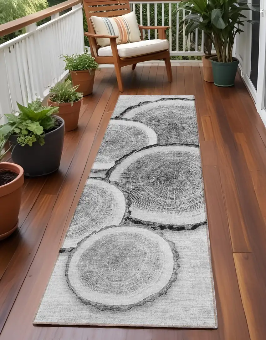 Gray and Black Faux Bois Washable Non Skid Indoor Outdoor Runner Rug Photo 1