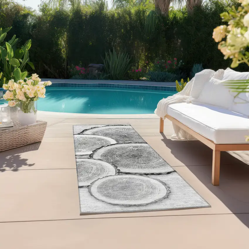 Gray and Black Faux Bois Washable Non Skid Indoor Outdoor Runner Rug Photo 8