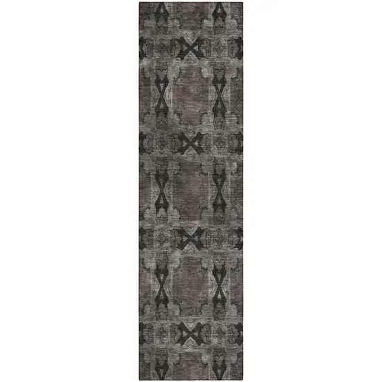 8' Runner Gray and Black Floral Medallion Washable Non Skid Indoor Outdoor Runner Rug Photo 2