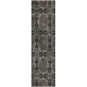 Photo of 8' Runner Gray and Black Floral Medallion Washable Non Skid Indoor Outdoor Runner Rug