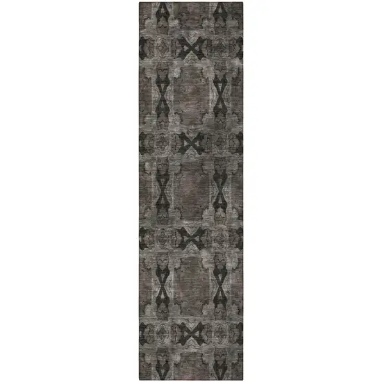 Gray and Black Floral Medallion Washable Non Skid Indoor Outdoor Runner Rug Photo 5
