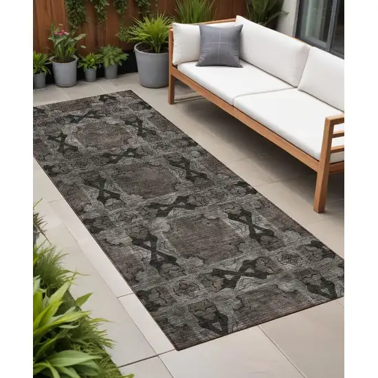 Gray and Black Floral Medallion Washable Non Skid Indoor Outdoor Runner Rug Photo 1