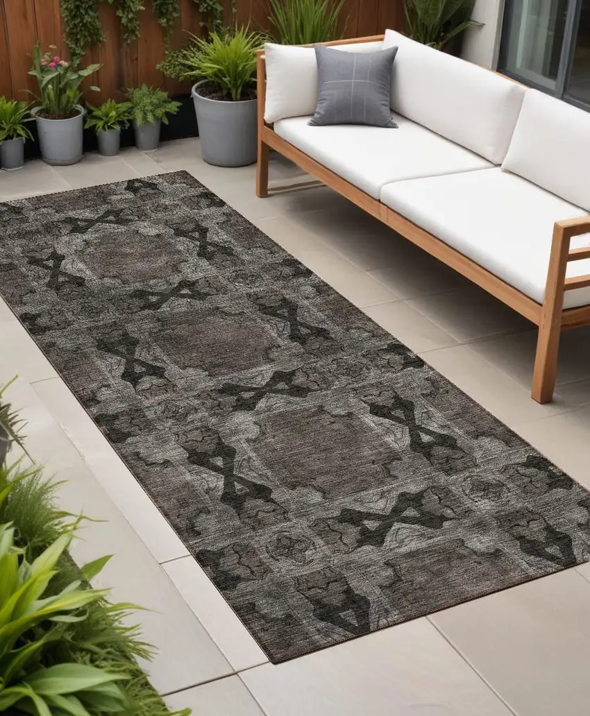 Gray and Black Floral Medallion Washable Non Skid Indoor Outdoor Runner Rug Photo 1