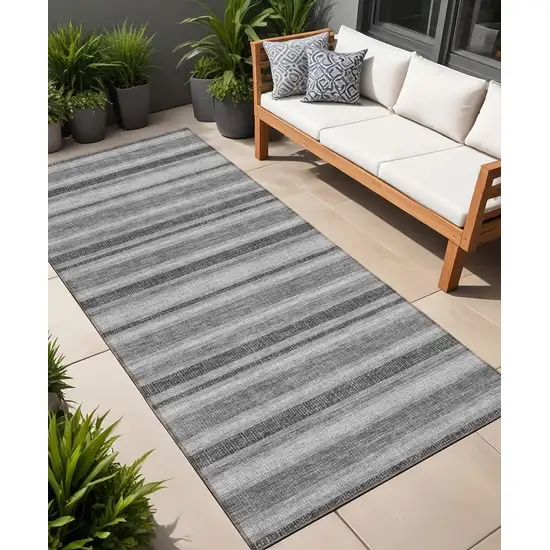 Gray and Black Striped Washable Indoor Outdoor Runner Rug Photo 1
