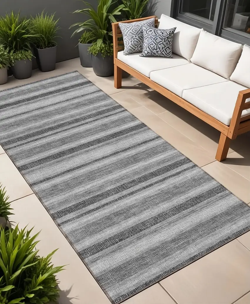 Gray and Black Striped Washable Indoor Outdoor Runner Rug Photo 1