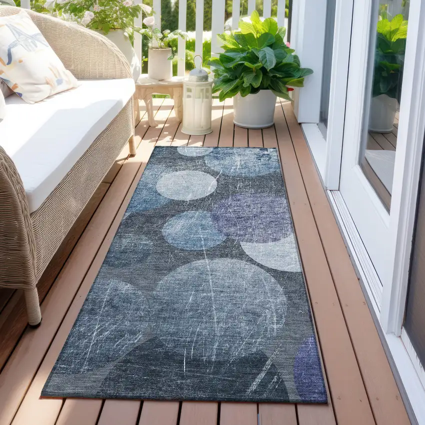 8' Gray And Blue Abstract Washable Indoor Outdoor Runner Rug Photo 5