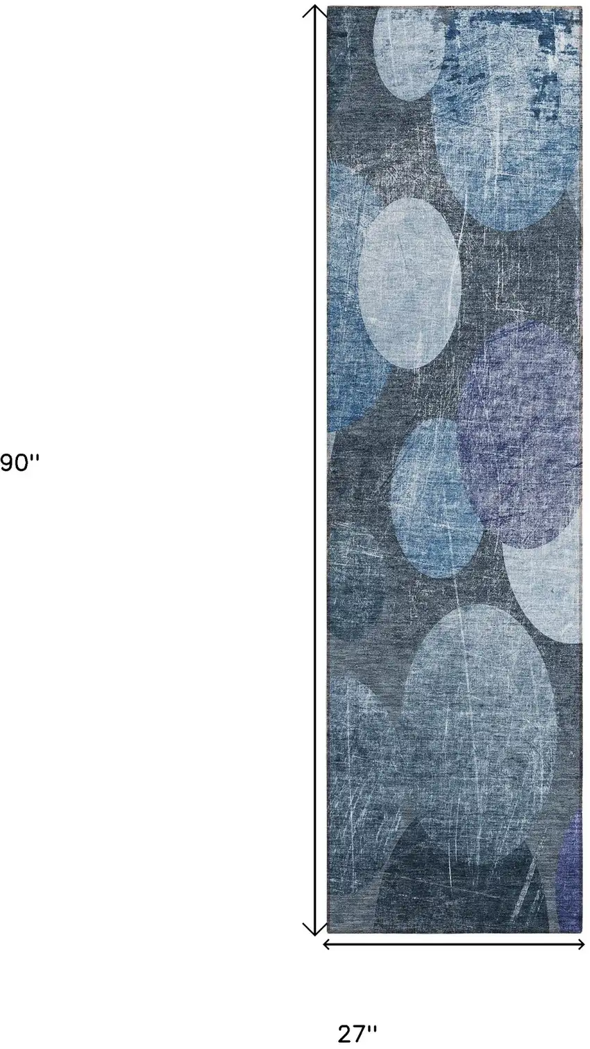 Gray and Blue Abstract Washable Non Skid Indoor Outdoor Runner Rug Photo 3