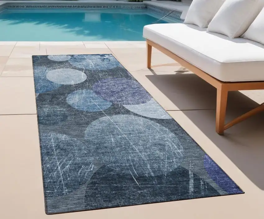 Gray and Blue Abstract Washable Non Skid Indoor Outdoor Runner Rug Photo 1