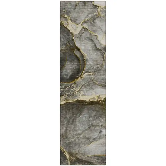 Gray and Gold Abstract Washable Non Skid Indoor Outdoor Runner Rug Photo 2