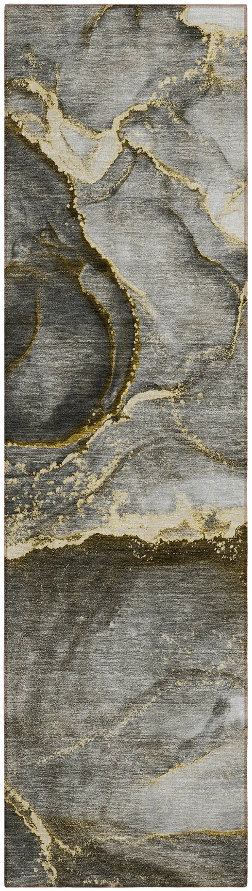 Gray and Gold Abstract Washable Non Skid Indoor Outdoor Runner Rug Photo 2