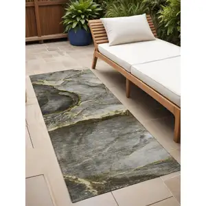 Photo of 8' Runner Gray and Gold Abstract Washable Non Skid Indoor Outdoor Runner Rug