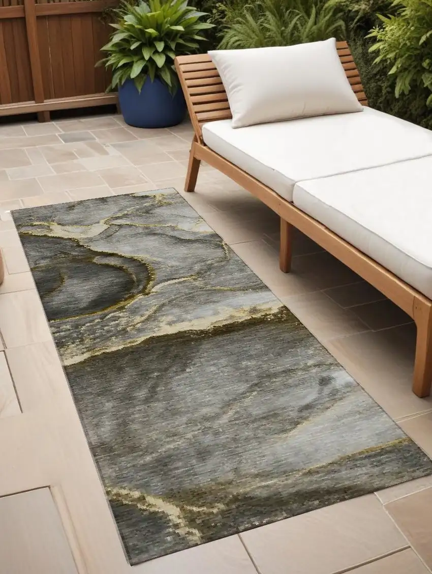 8' Runner Gray and Gold Abstract Washable Non Skid Indoor Outdoor Runner Rug Photo 1
