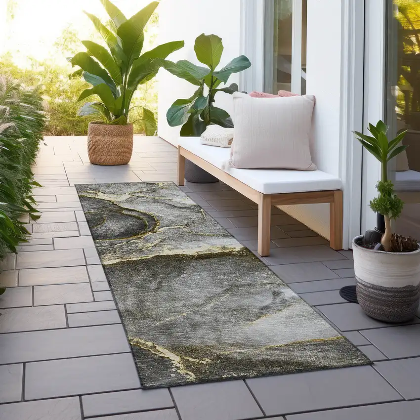 Gray and Gold Abstract Washable Non Skid Indoor Outdoor Runner Rug Photo 8