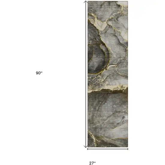 Gray and Gold Abstract Washable Non Skid Indoor Outdoor Runner Rug Photo 3