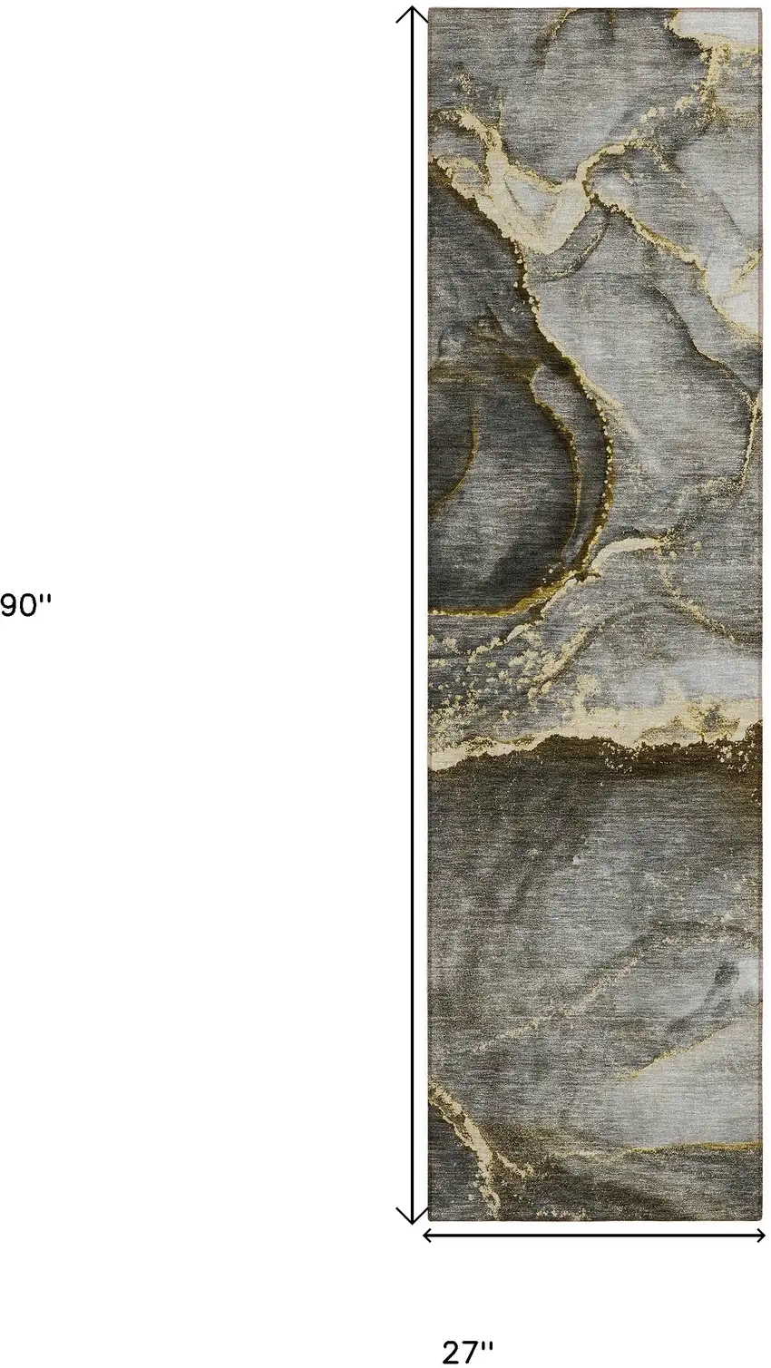 Gray and Gold Abstract Washable Non Skid Indoor Outdoor Runner Rug Photo 3