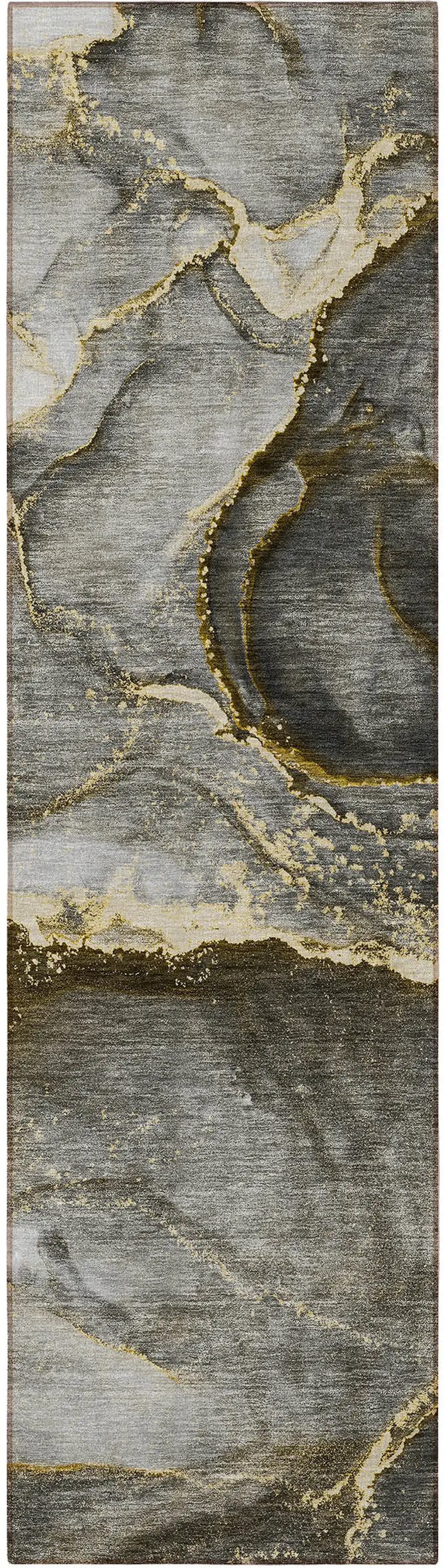 8' Runner Gray and Gold Abstract Washable Non Skid Indoor Outdoor Runner Rug Photo 5