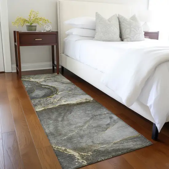 Gray and Gold Abstract Washable Non Skid Indoor Outdoor Runner Rug Photo 9