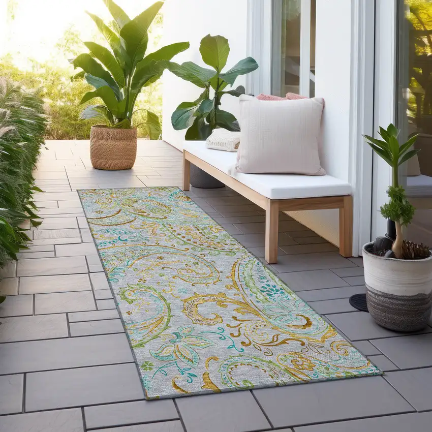 8' Runner Gray and Gold Paisley Washable Non Skid Indoor Outdoor Runner Rug Photo 7