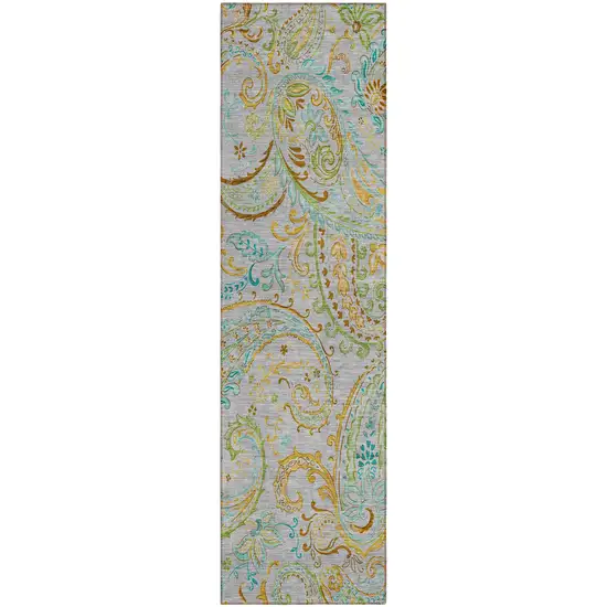 Gray and Gold Paisley Washable Non Skid Indoor Outdoor Runner Rug Photo 2