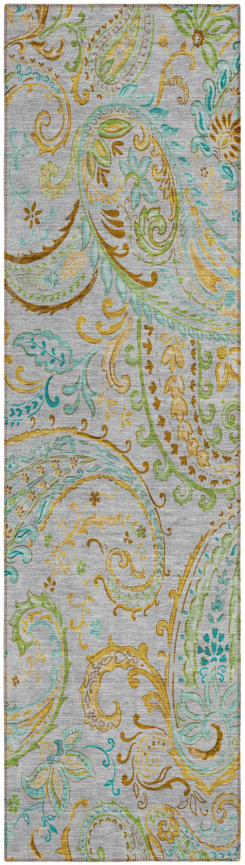 Gray and Gold Paisley Washable Non Skid Indoor Outdoor Runner Rug Photo 2
