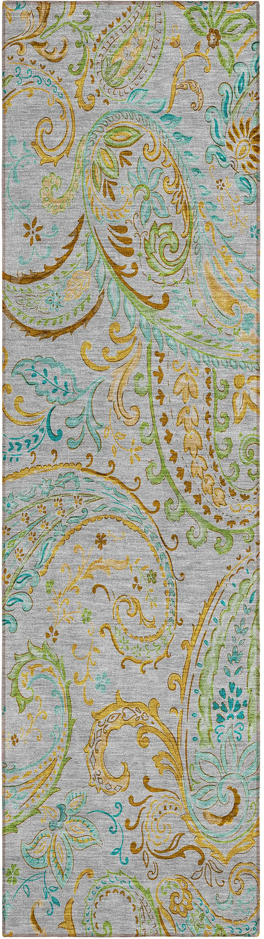 Gray and Gold Paisley Washable Non Skid Indoor Outdoor Runner Rug Photo 2