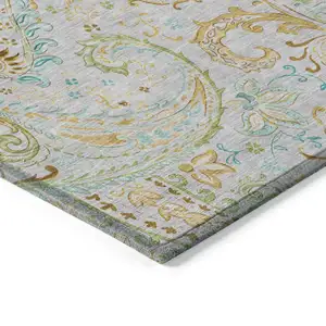 Photo of 8' Runner Gray and Gold Paisley Washable Non Skid Indoor Outdoor Runner Rug