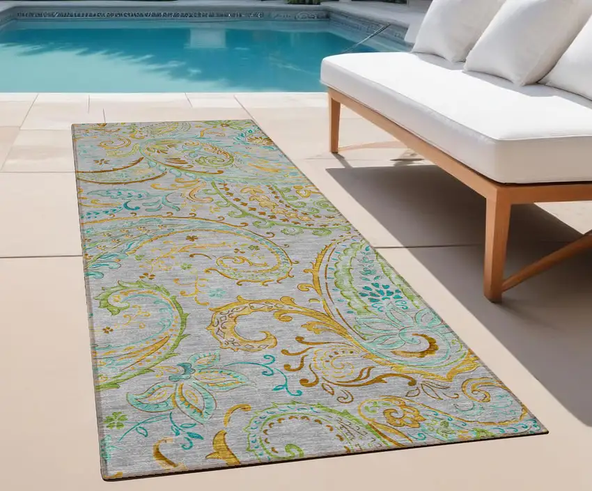 Gray and Gold Paisley Washable Non Skid Indoor Outdoor Runner Rug Photo 1