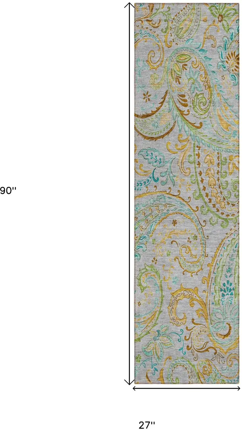 Gray and Gold Paisley Washable Non Skid Indoor Outdoor Runner Rug Photo 3
