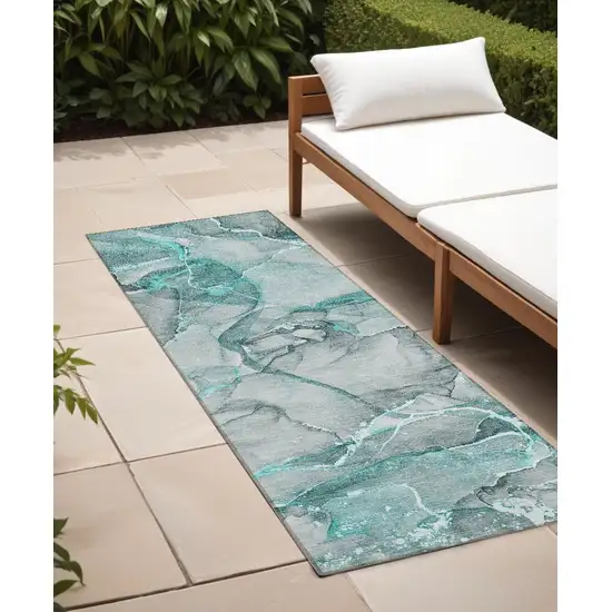 Gray and Ivory Abstract Washable Non Skid Indoor Outdoor Runner Rug Photo 1