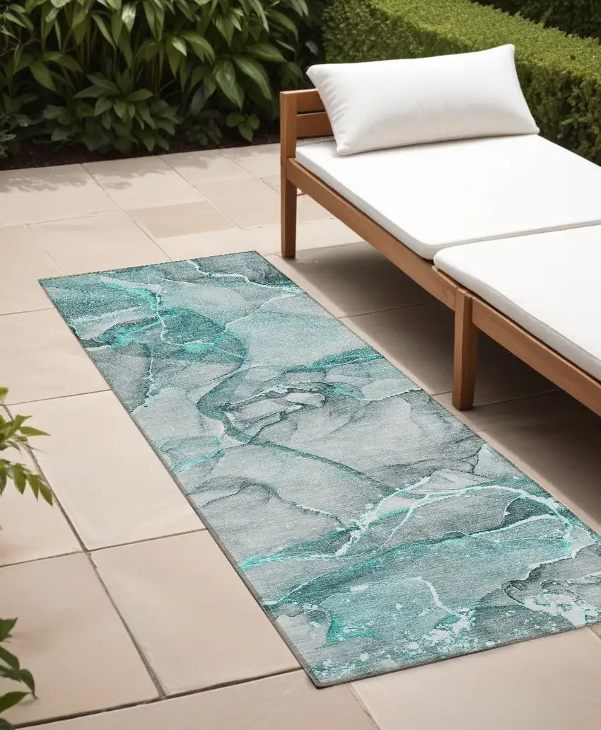 Gray and Ivory Abstract Washable Non Skid Indoor Outdoor Runner Rug Photo 1