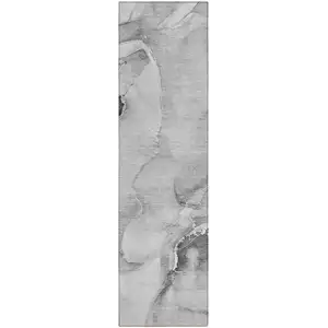 Photo of 8' Runner Gray and Ivory Abstract Washable Non Skid Indoor Outdoor Runner Rug