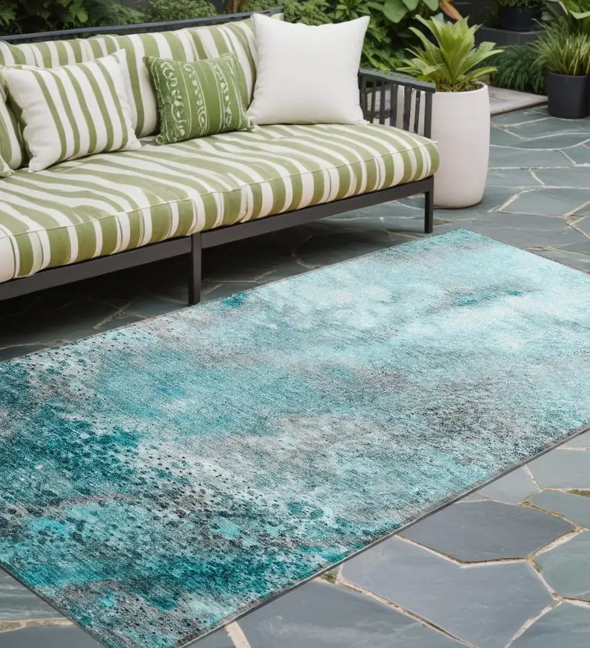 Gray and Ivory Abstract Washable Non Skid Indoor Outdoor Runner Rug Photo 1