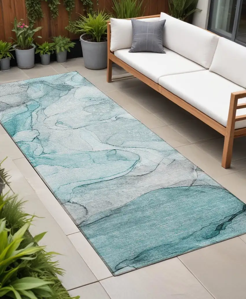 8' Runner Gray and Ivory Abstract Washable Non Skid Indoor Outdoor Runner Rug Photo 1