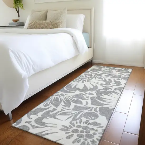 Gray and Ivory Floral Washable Non Skid Indoor Outdoor Runner Rug Photo 9